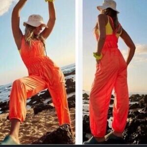 Women’s Neon Orange Elastic-Waist Jumpsuit